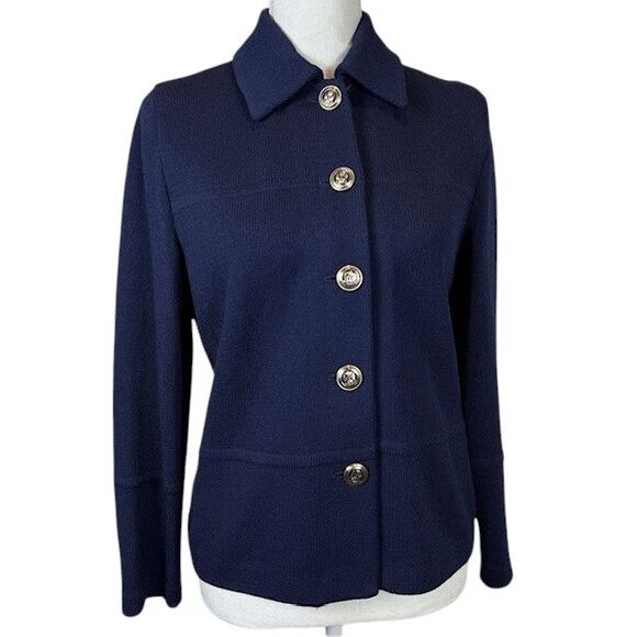 St. John Santana Knit Wool Navy Blue Blazer Jacket Gold Tone Buttons Oversized 2 - Picture 1 of 11